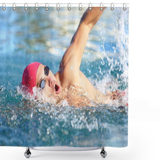 Personality  Man Swimmer Swimming Crawl In Blue Water Shower Curtains