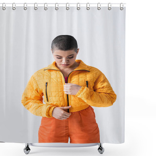 Personality  Outerwear, Young Woman With Short Hair Zipping Yellow Puffer Jacket On Grey Background, Urban Fashion, Vibrant Youth, Trendy Outfit, Stylish Look, Studio Photography, Modern Subculture  Shower Curtains