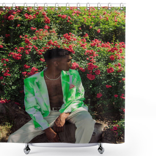 Personality  African American Man In Fashionable Blazer Looking At Blossoming Bushes In Park Shower Curtains