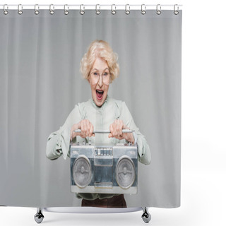 Personality  Shouting Senior Woman With Boombox Isolated On Grey Shower Curtains