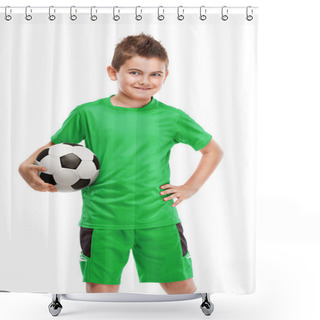 Personality  Standing Young Soccer Player Holding Football Shower Curtains