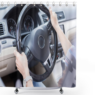 Personality  Partial View Of Woman With Hands On Steering Wheel Driving Car Shower Curtains