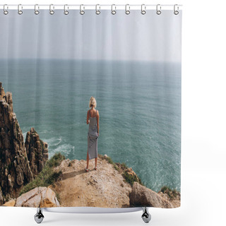 Personality  Rear View Of Woman Wearing Striped Dress Standing On Cliff On Sea Background Shower Curtains