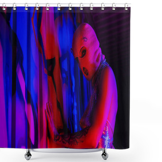Personality  Woman In Balaclava Touching Blue Wall With Graffiti While Looking At Camera In Red Lighting Shower Curtains