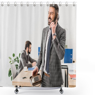 Personality  Smiling Businessman Talking By Stationary Telephone In Office Shower Curtains