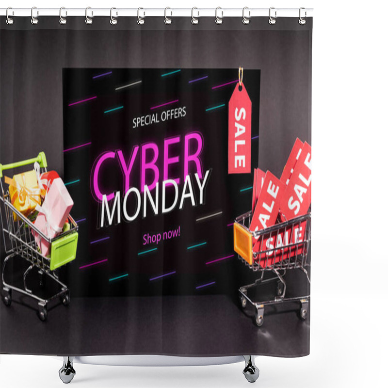 Personality  Small Presents In Toy Shopping Carts Near Placard With Special Offers, Cyber Monday, Shop Now Lettering On Dark Background Shower Curtains