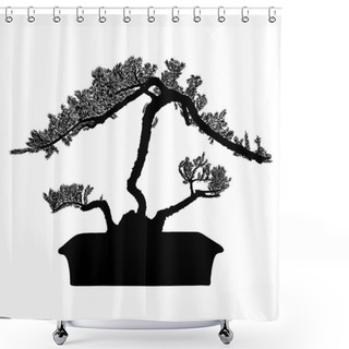 Personality  Bonsai Tree Black Silhouette On A White Background. Detailed Isolated Image. Decorative Arts Hobby Of Growing Mini Tree In The Pot. Asian Origin. Vector. Shower Curtains