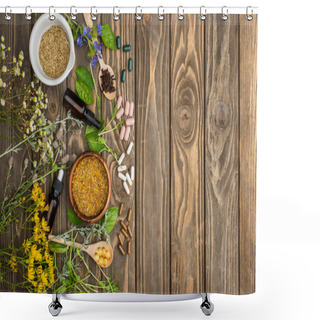 Personality  Top View Of Pills In Spoons, Green Herbs And Wildflowers On Wooden Surface, Naturopathy Concept Shower Curtains