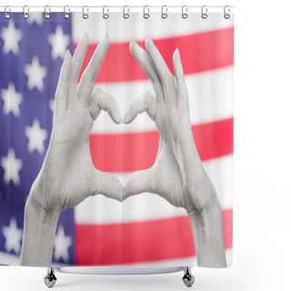 Personality  Cropped View Of Female Hands Painted In White Showing Heard-shaped Sign Near Flag Of America Shower Curtains