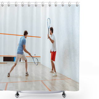 Personality  Full Length View Of Two Sportsmen Playing Squash In Four-walled Court Shower Curtains