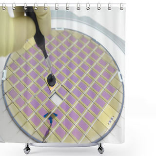 Personality  Silicon Wafer With Microchips, Fixed In A Holder With A Steel Frame On A Gray Background After The Process Of Dicing. Microchip Separation With Tweezer In Hand. Shower Curtains
