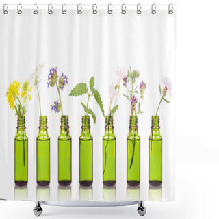 Personality  Natural Remedies, Aromatherapy - Bottle. Bottles Of Essential Oil With Herbs Holy Flower. Shower Curtains