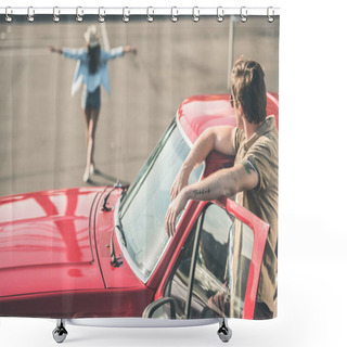 Personality  Man In Car Looking At Woman Shower Curtains