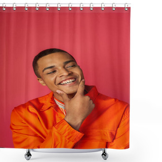 Personality  Smiling And Stylish African American Man In Orange Shirt Touching Face And Looking Away On Red Shower Curtains