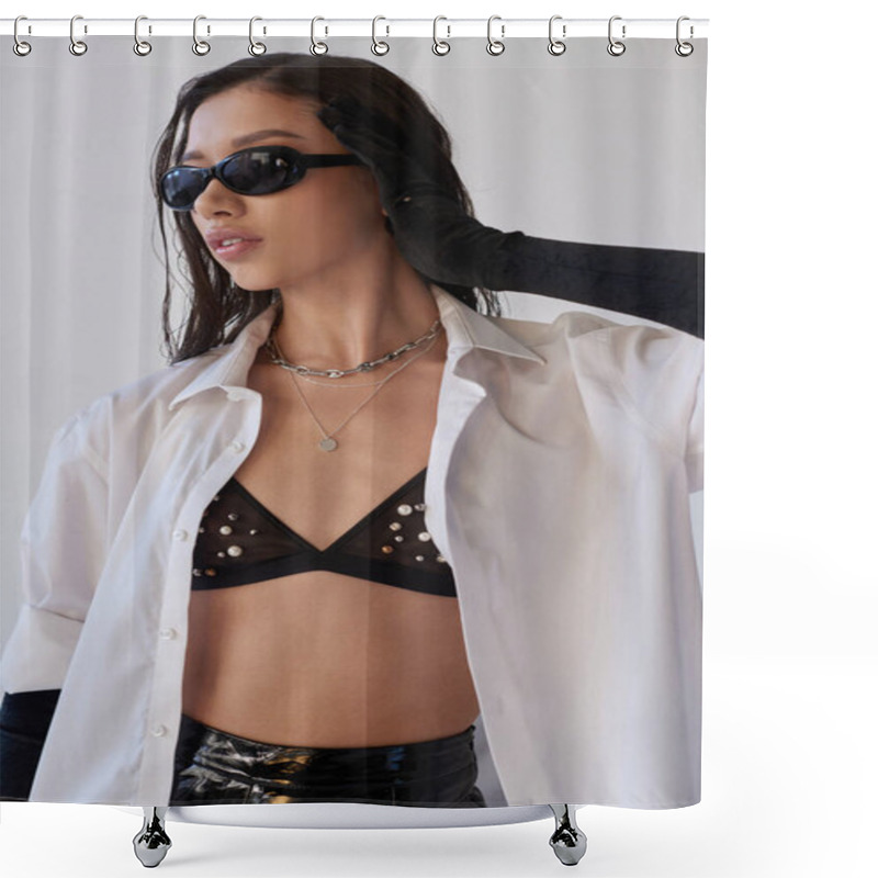 Personality  Bra Look, Fashion Statement, Asian Woman In Sunglasses Posing On Grey Background, Young Model In Black Gloves And White Shirt, Perfect Skin, Conceptual, Trendy Outfit, Youthful   Shower Curtains