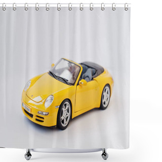 Personality  Hai, Ukraine - March 1, 2017: Mini Copy Of Yellow Toy Car Porsch Shower Curtains