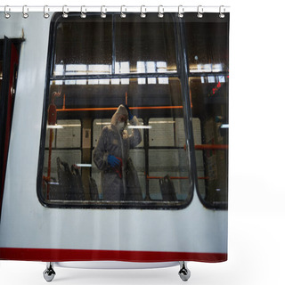 Personality  St. Petersburg, Russia - March 19, 2020: A Team Of Orderlies In Protective Masks, Caps And Overalls Perform Sanitary Cleaning Of The Tram's Interior, Coronavirus Preventive Measure Shower Curtains
