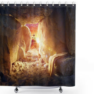 Personality  Resurrection Of Jesus Christ - Tomb Empty With Shroud And Crucifixion At Sunrise With Abstract Bokeh Lights Shower Curtains