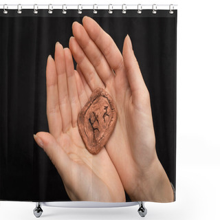 Personality  Cropped View Of Shaman Holding Clay Amulet With Signs Isolated On Black  Shower Curtains
