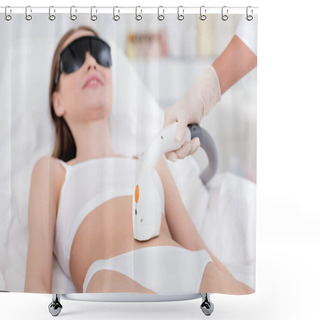 Personality  Woman In Underwear Receiving Laser Hair Removal Procedure On Stomach On Salon Shower Curtains