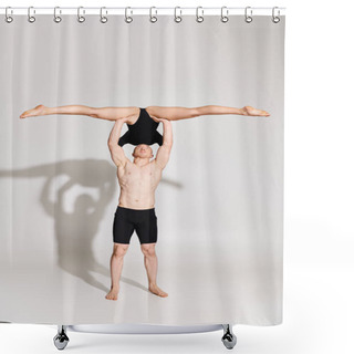 Personality  A Man Showcases Incredible Strength By Holding A Woman Above His Head. Shower Curtains