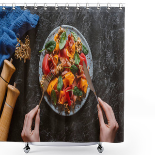 Personality  Cropped Shot Of Person Eating Delicious Salad With Mussels, Vegetables And Jamon   Shower Curtains