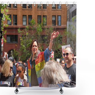 Personality  San Francisco, CA - June 30, 2019: Kamala Harris In The 49th Annual Gay Pride Parade, One Of The Oldest And Largest LGBTQIA Parades In The World, Over 200 Contingents And More Than 100,000 Spectators Shower Curtains