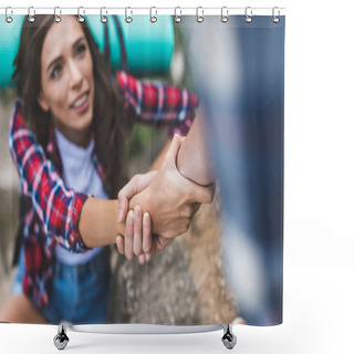Personality  Man Helping Girlfriend To Climb Rock Shower Curtains