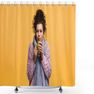 Personality  Freezing Woman Holding Cup Of Warm Beverage Isolated On Orange Shower Curtains