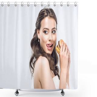 Personality  Hungry Young Bride In Wedding Dress With Burger In Hands Showing Tongue And Looking Away Isolated On White Shower Curtains