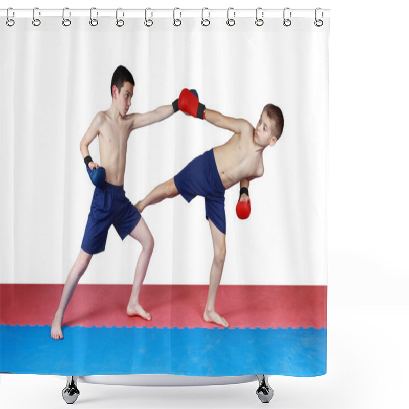 Personality  Two Athletes Are Training In Shorts Kick Low Kick On The Mat Shower Curtains