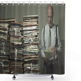 Personality  Businessman Checking Files And Piles Of Paperwork Shower Curtains