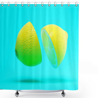 Personality  Flying Sliced Lemon On Blue Background 3 D Illustration Shower Curtains