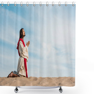 Personality  Man Praying On Knees In Desert On Golden Sand  Shower Curtains