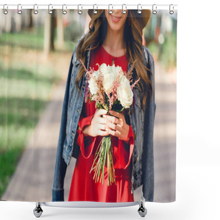 Personality  Cropped View Of Happy Woman Holding Flowers While Standing In Park  Shower Curtains