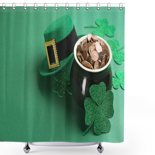 Personality  Pot Of Gold Coins, Hat And Clover Leaves On Green Background, Space For Text. St. Patrick's Day Celebration Shower Curtains