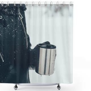 Personality  Partial View Of Woman Holding Thermocup With Hot Drink On Winter Day Shower Curtains