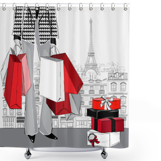 Personality  Woman Carrying Shopping Bags And Pile Of Wrapped Gift Boxes On P Shower Curtains