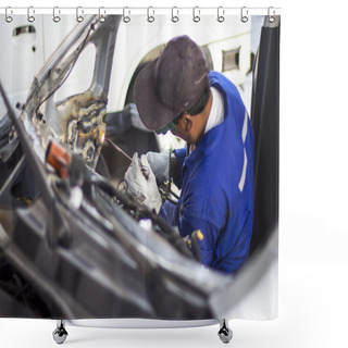 Personality  Man Mechanical Worker Repairing A Car Body In A Garage - Safety At Work With Protection Wear. Welding Work Shower Curtains