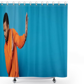 Personality  Banner Of African American Man In Vibrant Outfit With Closed Eyes Refusing And Hiding Behind Hands Shower Curtains