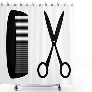 Personality  Black Silhouette Of Comb And Scissors; White Studio Background. Shower Curtains