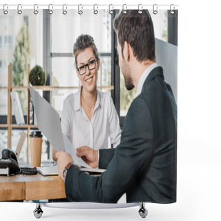 Personality  Smiling Businesswoman And Business Partner With Papers Discussing Work At Workplace In Office Shower Curtains