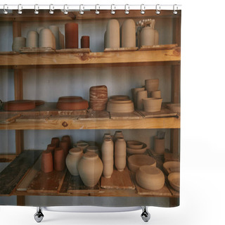 Personality  Ceramic Bowls And Dishes On Wooden Shelves At Pottery Studio Shower Curtains
