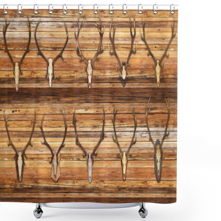 Personality  Collection Of Red Deer Trophies On Wood Background Shower Curtains