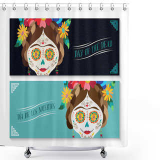 Personality  Dia De Los Muertos Banner Set With Happy Skull Shower Curtains