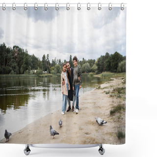 Personality  Happy Muslim Man Hugging Kids Near Birds And Lake During Autumn  Shower Curtains