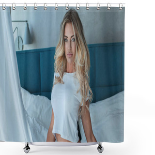 Personality  Blonde Woman Posing In Hotel Room. Shower Curtains
