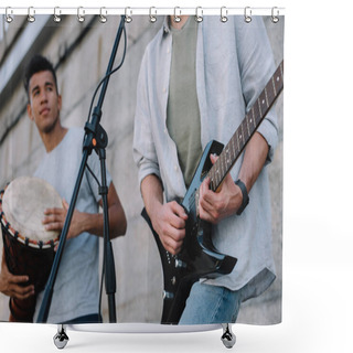Personality  Young Happy Male Buskers Playing Guitar And Djembe At City Street Shower Curtains