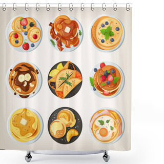 Personality  Set Of Delicious Pancake Dishes. Isolated Vector Images. View From Above. Shower Curtains