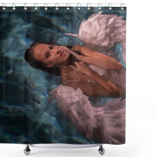 Personality  Beautiful Young Woman With Angel Wings On The Water. Portrait Shower Curtains
